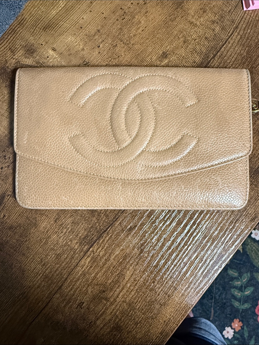 CHANEL Tan Quilted Caviar Leather Wallet with CC Logo